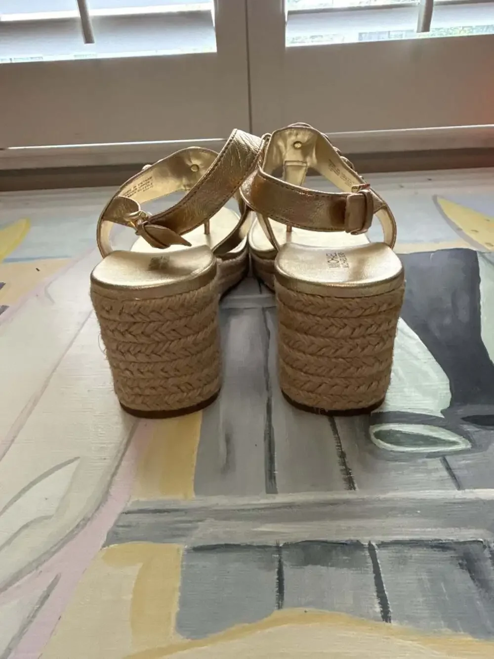Michael Kors Roxane Metallic Gold T-Strap Espadrille Wedge Sandals